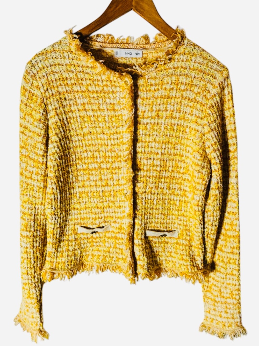 Mango MNG Yellow Tweed Jacket Heart Buttons Cropped Frayed EUC M